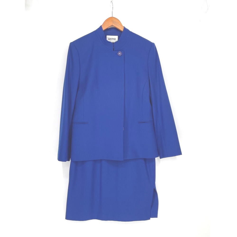 Kasper Womens Skirt Wool Suit 12 2pc Royal‎ Blue Mandarin Collar Professional